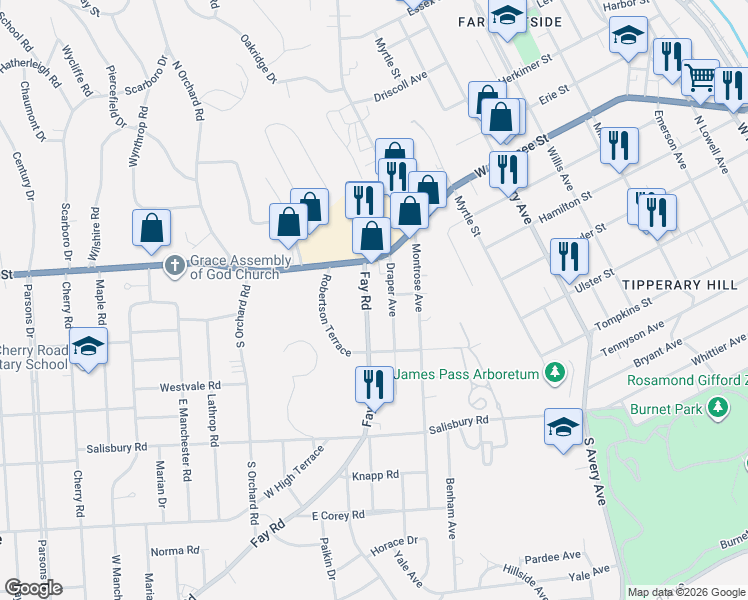 map of restaurants, bars, coffee shops, grocery stores, and more near 213 Fay Road in Syracuse