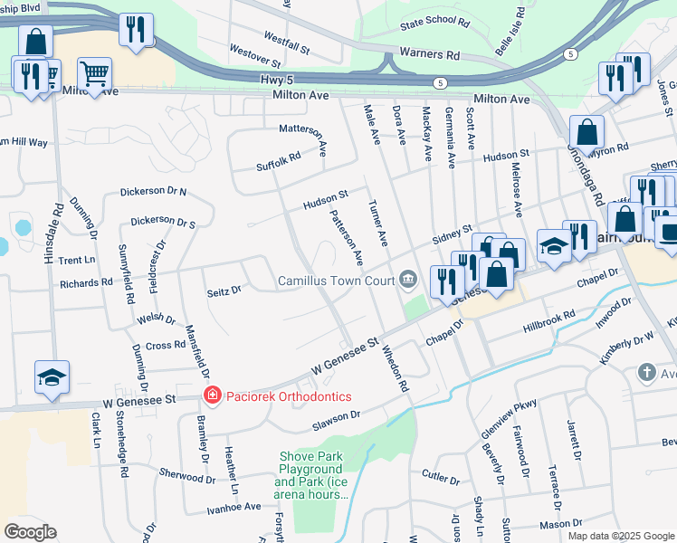 map of restaurants, bars, coffee shops, grocery stores, and more near 304 Yorkshire Boulevard in Syracuse