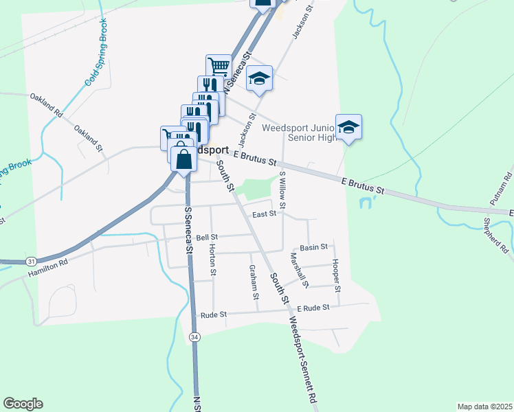 map of restaurants, bars, coffee shops, grocery stores, and more near 8843 South Street in Weedsport