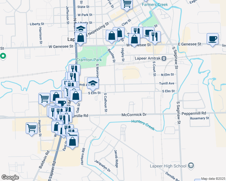 map of restaurants, bars, coffee shops, grocery stores, and more near 549 South Elm Street in Lapeer