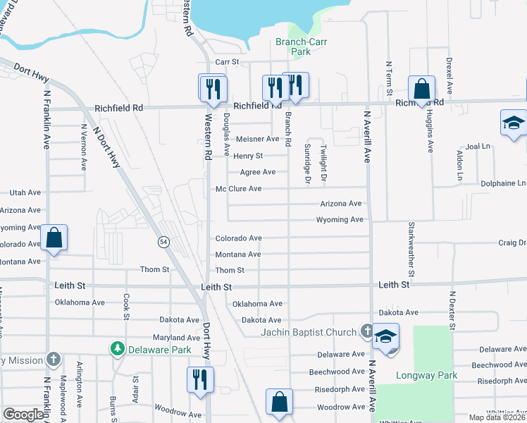 map of restaurants, bars, coffee shops, grocery stores, and more near 3006 Wyoming Avenue in Flint