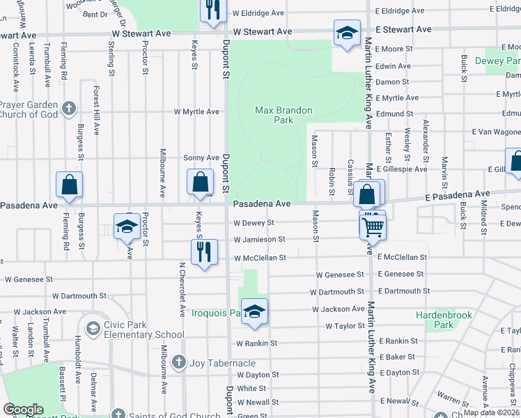 map of restaurants, bars, coffee shops, grocery stores, and more near 517 West Dewey Street in Flint