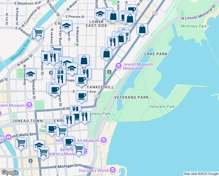map of restaurants, bars, coffee shops, grocery stores, and more near 1224 North Prospect Avenue in Milwaukee