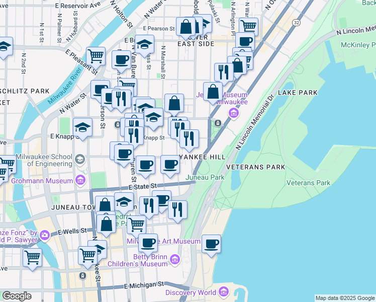 map of restaurants, bars, coffee shops, grocery stores, and more near 1121 North Waverly Place in Milwaukee