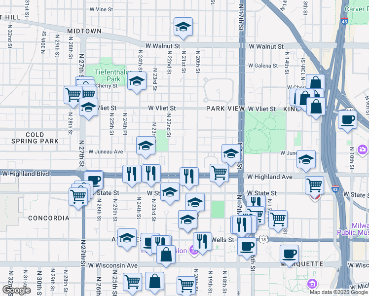 map of restaurants, bars, coffee shops, grocery stores, and more near 1146 North 21st Street in Milwaukee