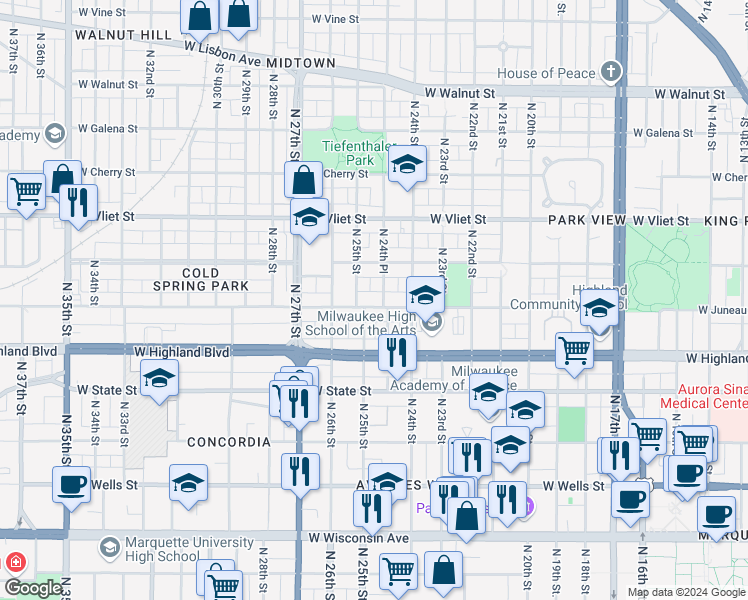 map of restaurants, bars, coffee shops, grocery stores, and more near 2501 West Juneau Avenue in Milwaukee