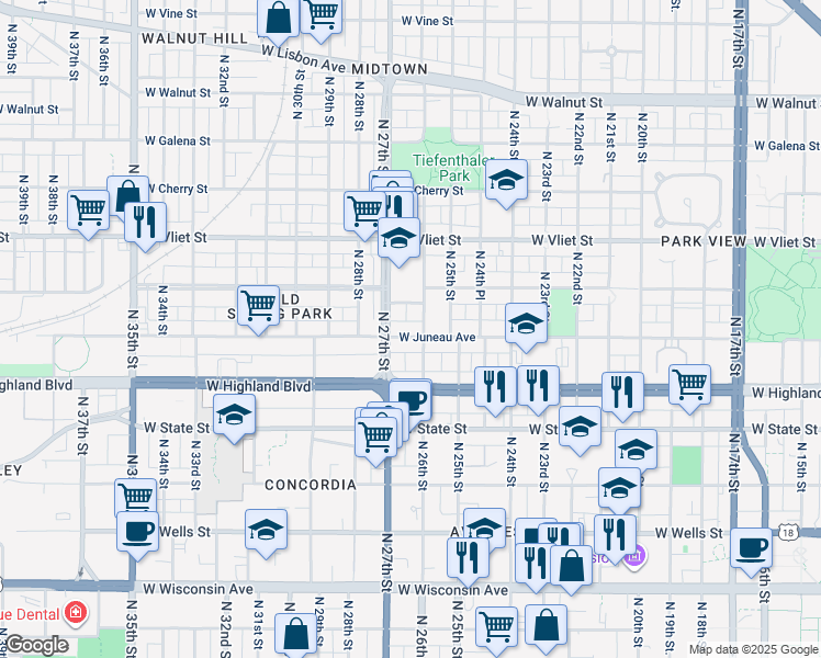 map of restaurants, bars, coffee shops, grocery stores, and more near 1139 North 26th Street in Milwaukee