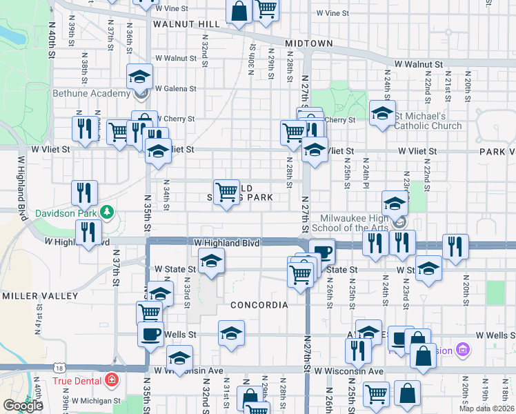 map of restaurants, bars, coffee shops, grocery stores, and more near 1143 North 29th Street in Milwaukee