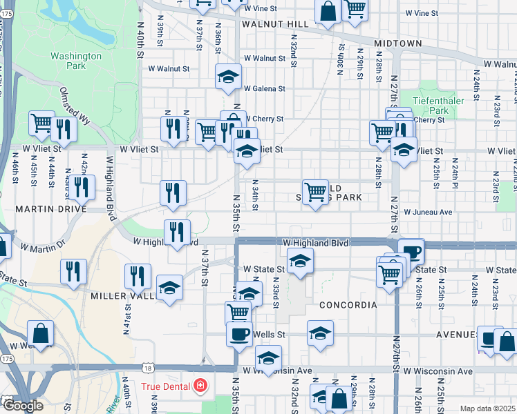 map of restaurants, bars, coffee shops, grocery stores, and more near in Milwaukee
