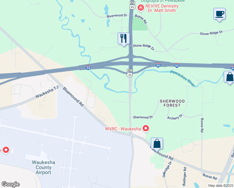 map of restaurants, bars, coffee shops, grocery stores, and more near N11W24058 River Lane in Waukesha