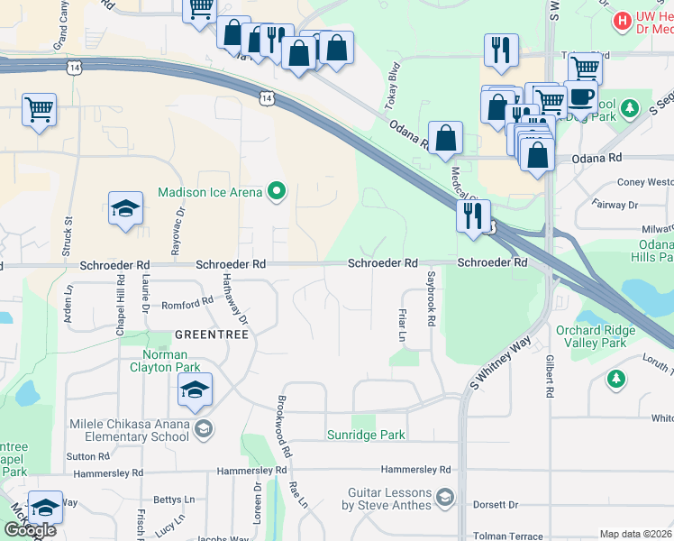 map of restaurants, bars, coffee shops, grocery stores, and more near 5 White Oaks Lane in Madison