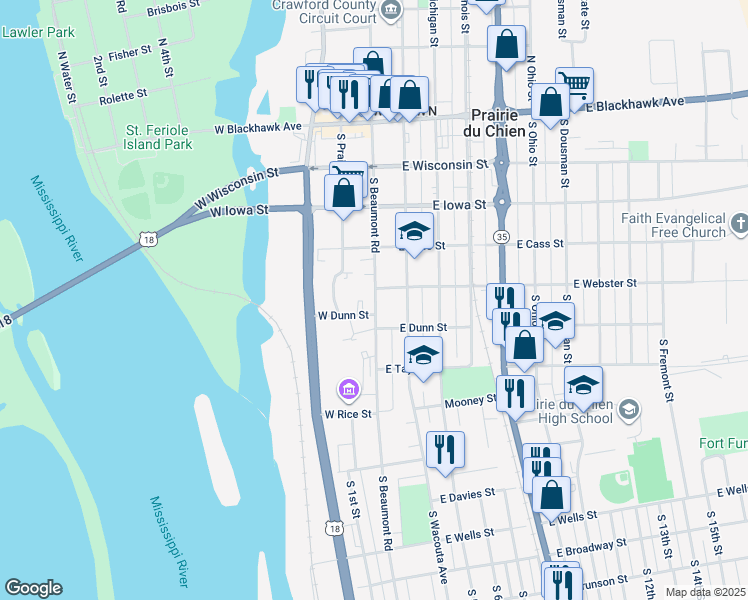 map of restaurants, bars, coffee shops, grocery stores, and more near 520 South Beaumont Road in Prairie du Chien