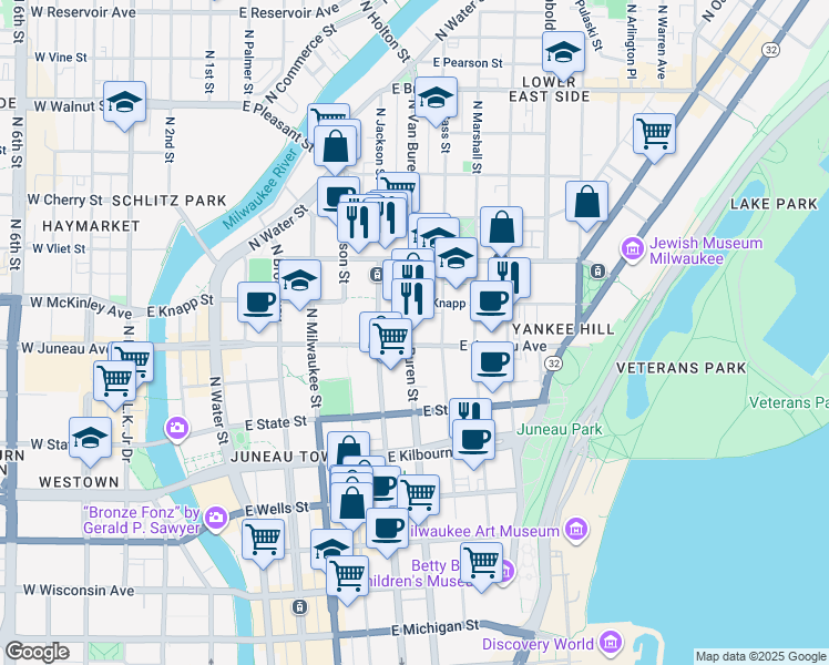 map of restaurants, bars, coffee shops, grocery stores, and more near 1212 North Van Buren Street in Milwaukee