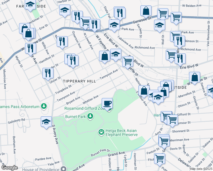 map of restaurants, bars, coffee shops, grocery stores, and more near 229 Bryant Avenue in Syracuse