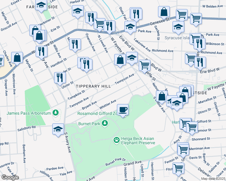 map of restaurants, bars, coffee shops, grocery stores, and more near 315 Bryant Avenue in Syracuse