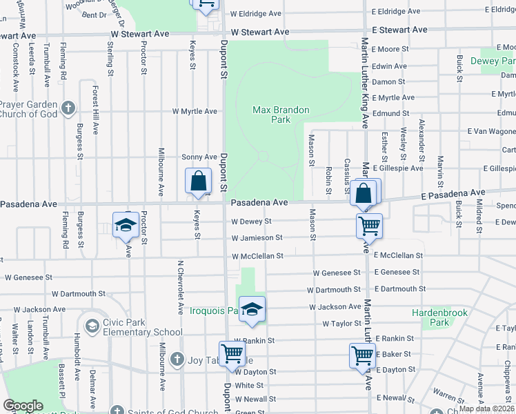 map of restaurants, bars, coffee shops, grocery stores, and more near 517 West Dewey Street in Flint
