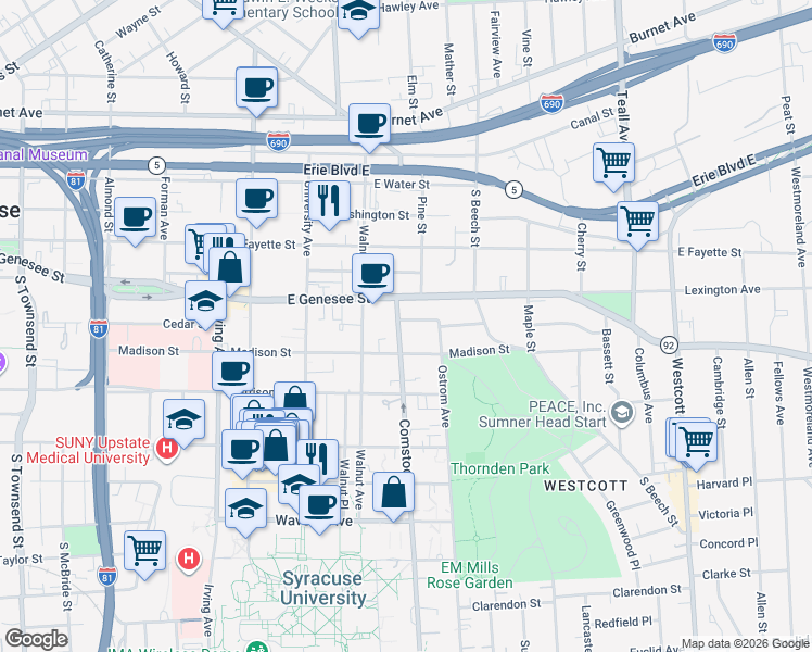 map of restaurants, bars, coffee shops, grocery stores, and more near 116 Comstock Avenue in Syracuse