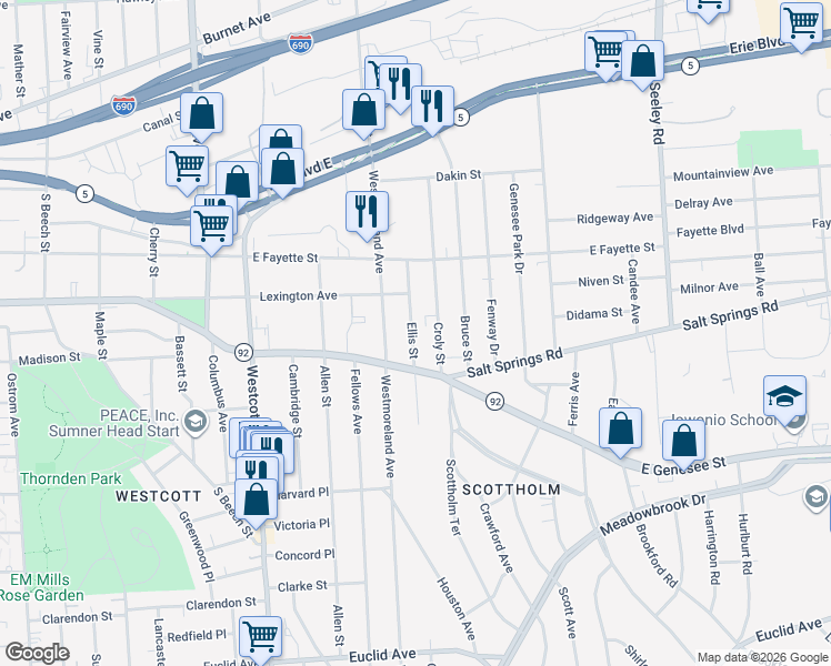map of restaurants, bars, coffee shops, grocery stores, and more near 439 Ellis Street in Syracuse