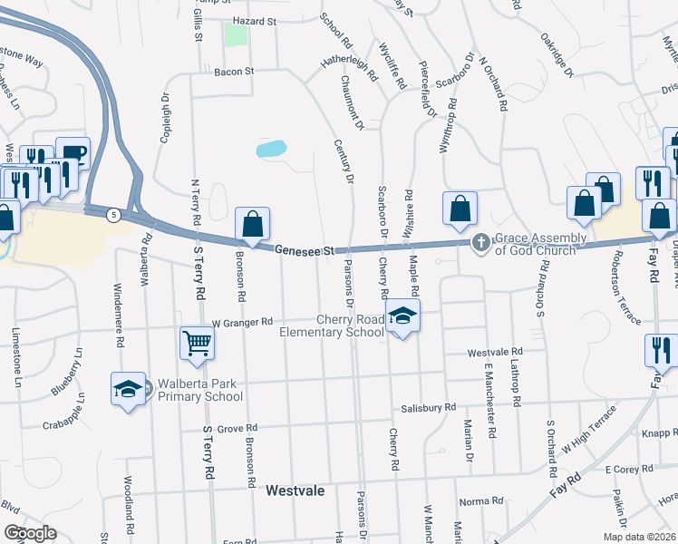 map of restaurants, bars, coffee shops, grocery stores, and more near 112 Parsons Drive in Syracuse