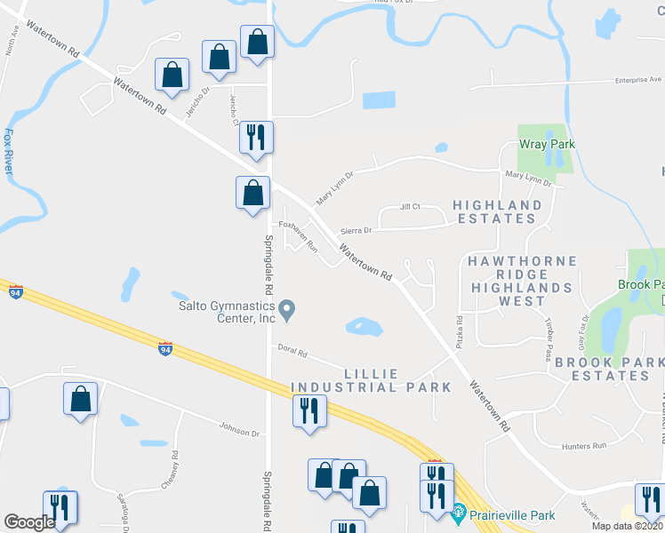 map of restaurants, bars, coffee shops, grocery stores, and more near 21840 Foxhaven Run in Waukesha