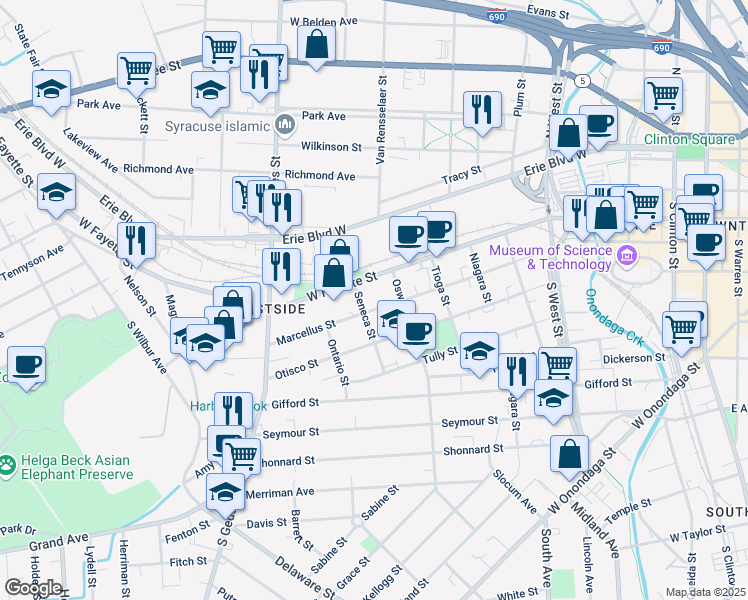 map of restaurants, bars, coffee shops, grocery stores, and more near 204 Seneca Street in Syracuse