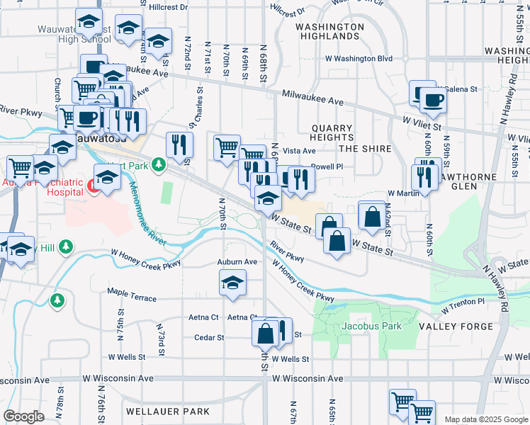 map of restaurants, bars, coffee shops, grocery stores, and more near in Wauwatosa