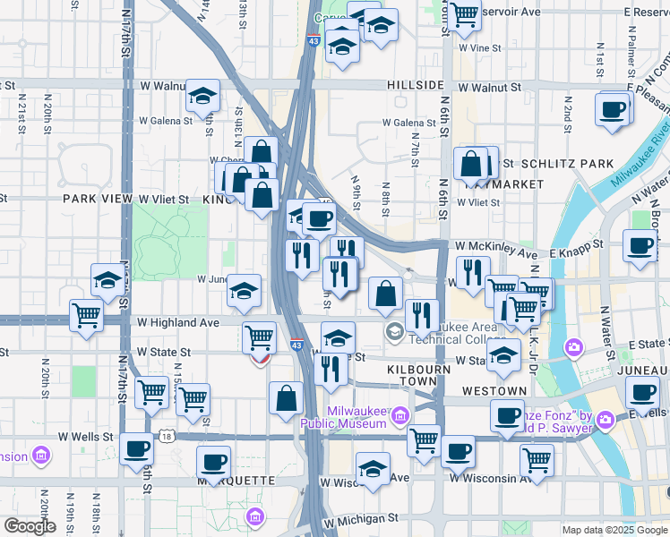 map of restaurants, bars, coffee shops, grocery stores, and more near 926 West Juneau Avenue in Milwaukee