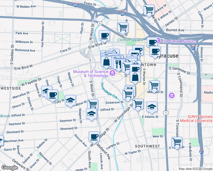 map of restaurants, bars, coffee shops, grocery stores, and more near 325 West Jefferson Street in Syracuse