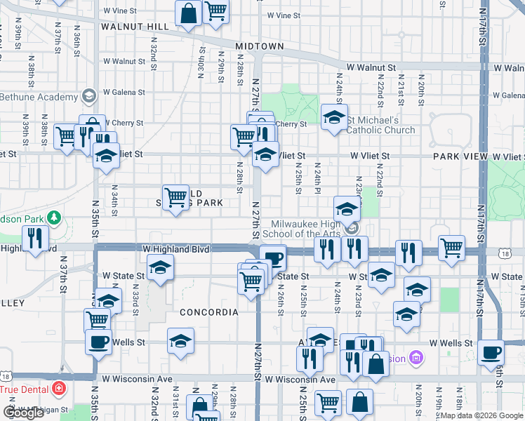 map of restaurants, bars, coffee shops, grocery stores, and more near 1212 North 27th Street in Milwaukee