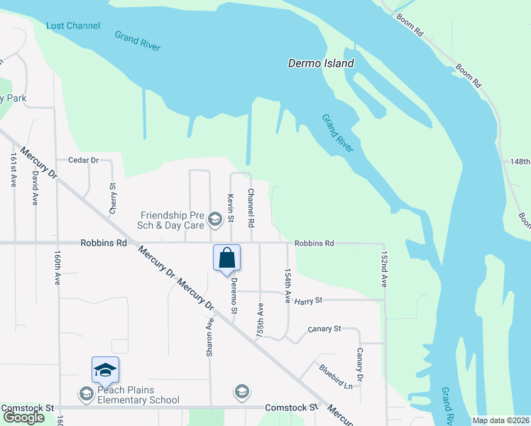 map of restaurants, bars, coffee shops, grocery stores, and more near 15230 Channel Road in Grand Haven