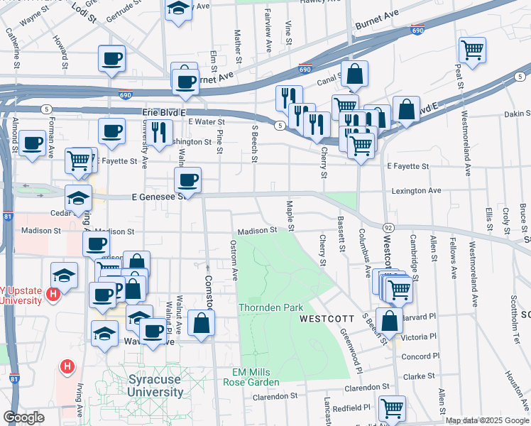 map of restaurants, bars, coffee shops, grocery stores, and more near 427 South Beech Street in Syracuse