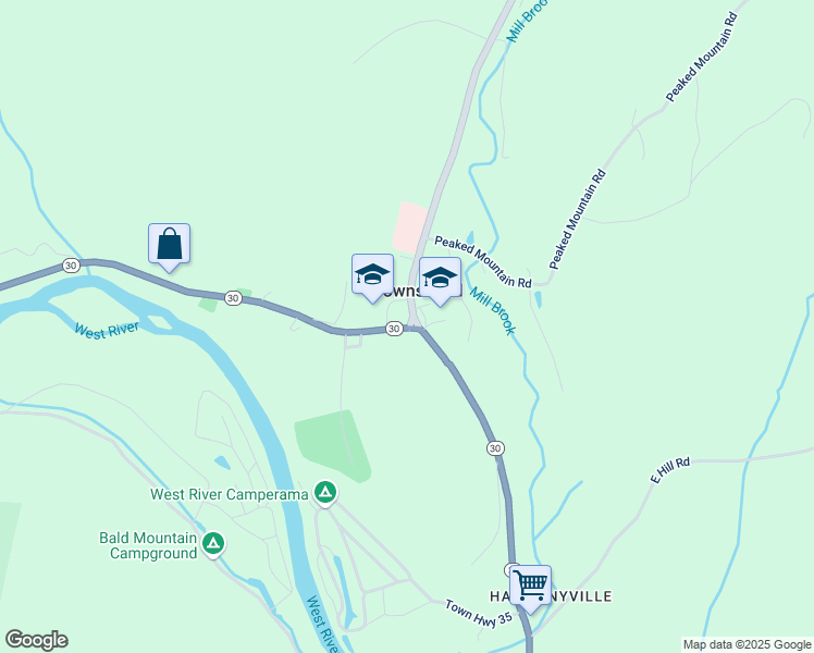 map of restaurants, bars, coffee shops, grocery stores, and more near Vermont 30 in Townshend