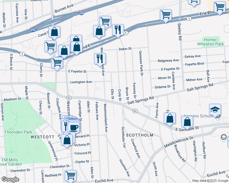 map of restaurants, bars, coffee shops, grocery stores, and more near 461 Ellis Street in Syracuse
