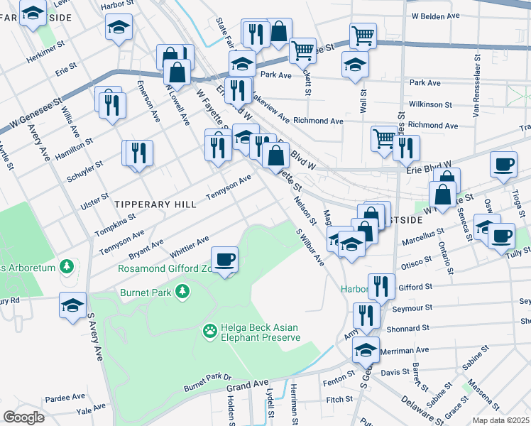 map of restaurants, bars, coffee shops, grocery stores, and more near 130 Coleridge Avenue in Syracuse