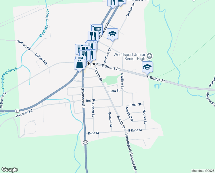 map of restaurants, bars, coffee shops, grocery stores, and more near 8843 South Street in Weedsport