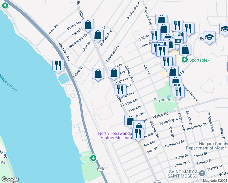 map of restaurants, bars, coffee shops, grocery stores, and more near 874 Oliver Street in North Tonawanda