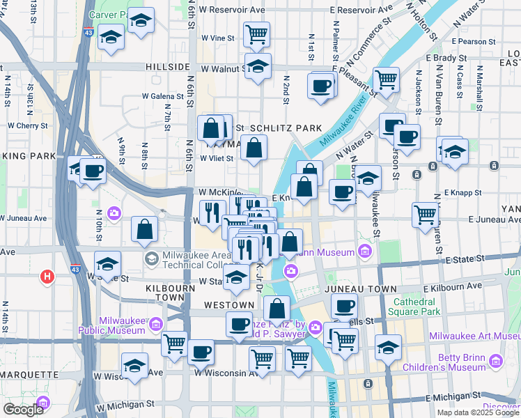 map of restaurants, bars, coffee shops, grocery stores, and more near 311 West Juneau Avenue in Milwaukee