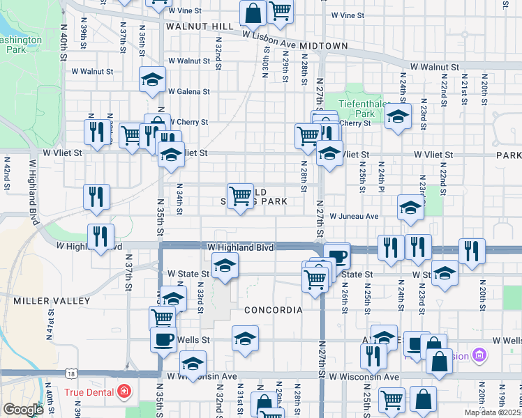 map of restaurants, bars, coffee shops, grocery stores, and more near 1143 North 29th Street in Milwaukee