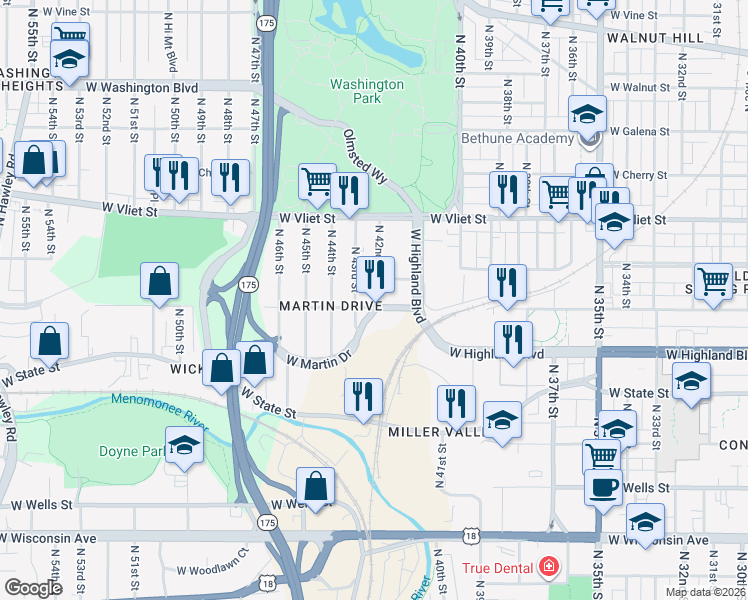 map of restaurants, bars, coffee shops, grocery stores, and more near 4223 West Martin Drive in Milwaukee
