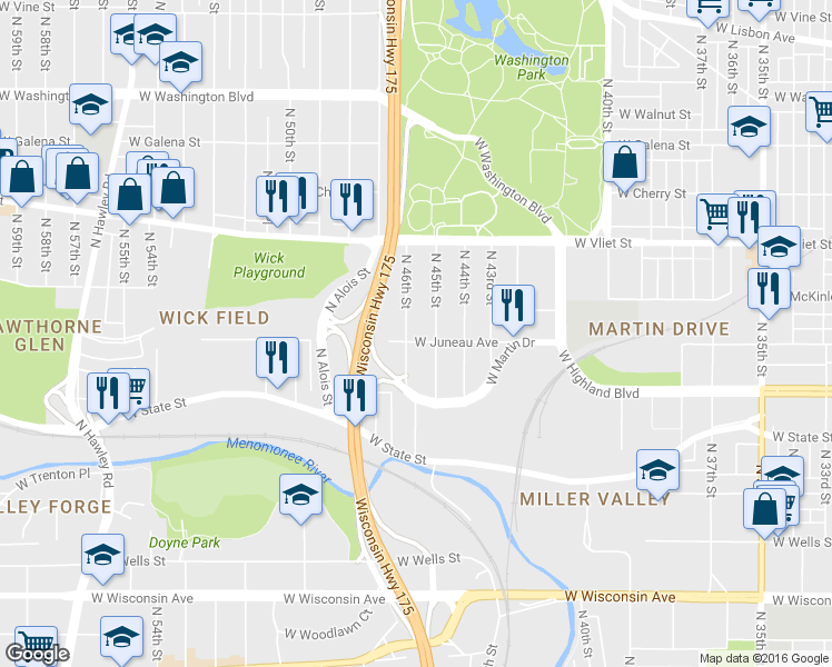map of restaurants, bars, coffee shops, grocery stores, and more near 1155 North 45th Street in Milwaukee