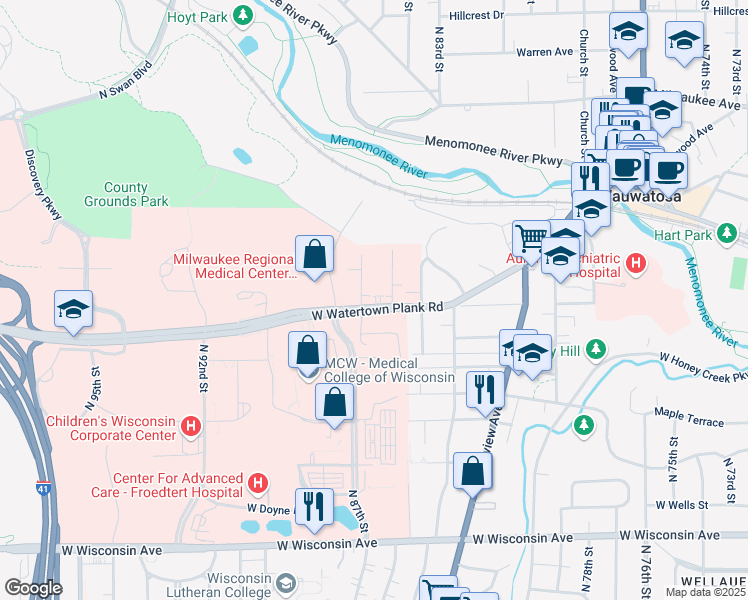 map of restaurants, bars, coffee shops, grocery stores, and more near in Wauwatosa