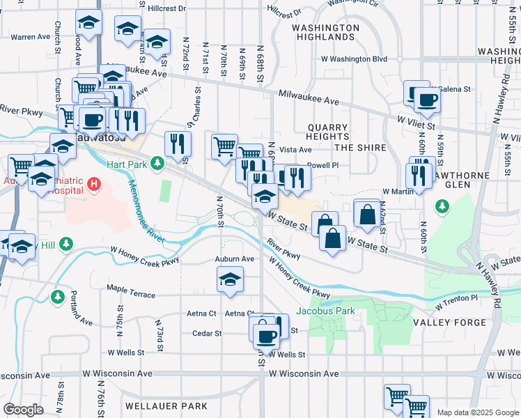 map of restaurants, bars, coffee shops, grocery stores, and more near N 68th St & W State St in Wauwatosa
