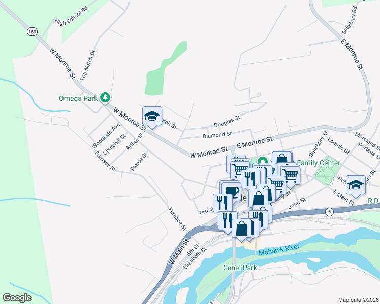 map of restaurants, bars, coffee shops, grocery stores, and more near 81 West Monroe Street in Little Falls