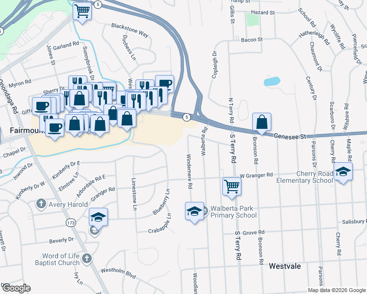 map of restaurants, bars, coffee shops, grocery stores, and more near 510 Blueberry Lane in Syracuse