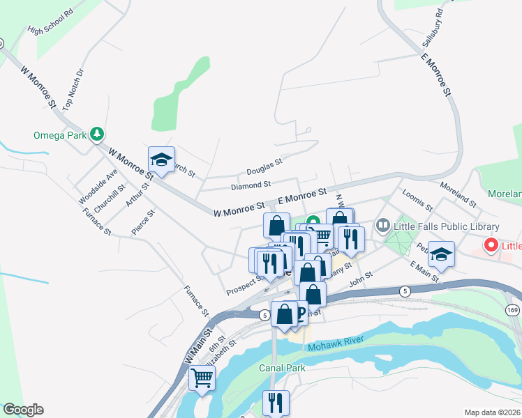 map of restaurants, bars, coffee shops, grocery stores, and more near 26 West Gansevoort Street in Little Falls