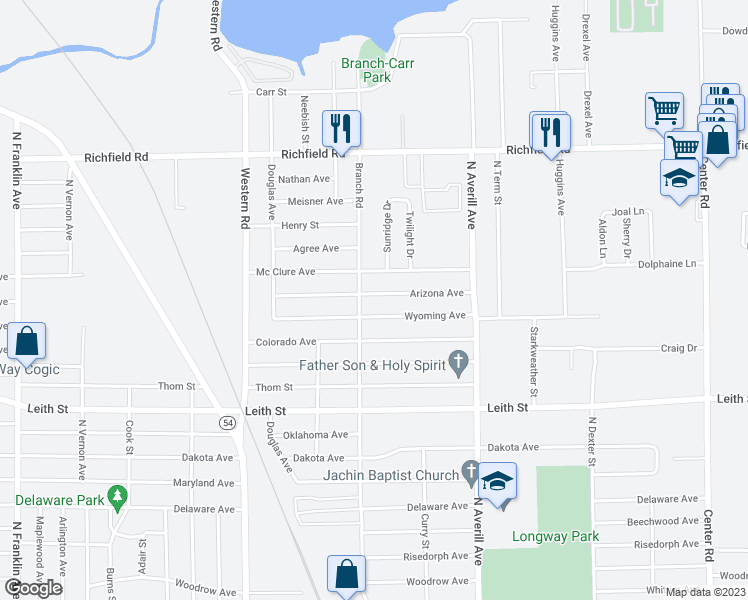 map of restaurants, bars, coffee shops, grocery stores, and more near 3110 Arizona Avenue in Flint