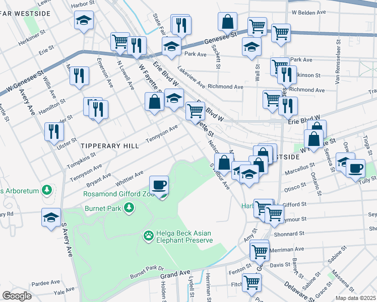 map of restaurants, bars, coffee shops, grocery stores, and more near 130 Coleridge Avenue in Syracuse