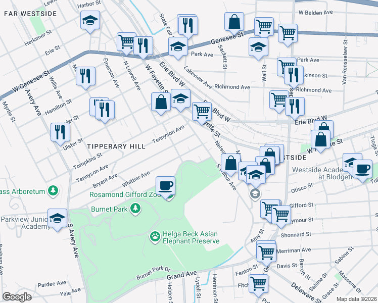map of restaurants, bars, coffee shops, grocery stores, and more near 139 Whittier Avenue in Syracuse