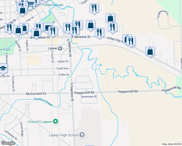 map of restaurants, bars, coffee shops, grocery stores, and more near 349 Old Farm Lane in Lapeer
