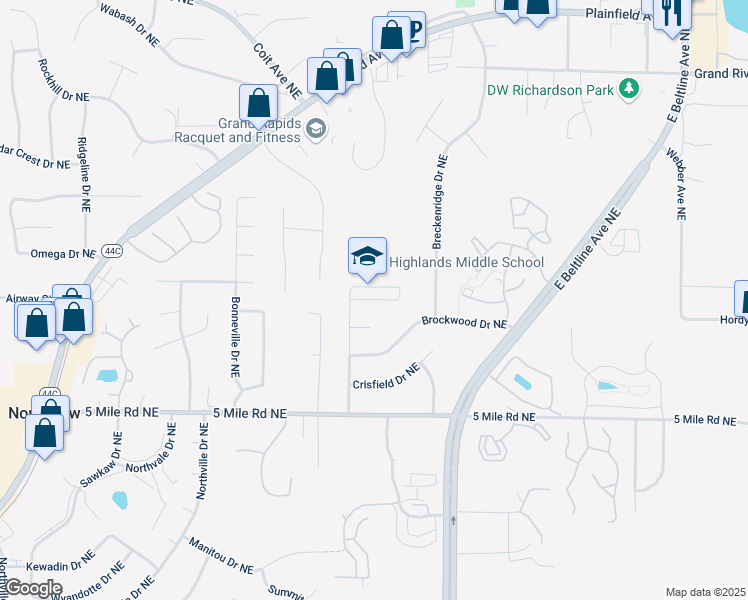 map of restaurants, bars, coffee shops, grocery stores, and more near 4645 Chandy Drive Northeast in Grand Rapids